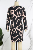 Black khaki Casual Print Patchwork Zipper Collar Long Sleeve Dresses