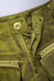 Green Elegant Solid Patchwork Pocket Buttons Zipper Loose Mid Waist Solid Color Bottoms