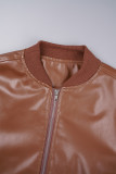 Brown Casual Solid Patchwork Zipper O Neck Outerwear