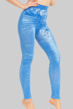 Azul Casual Estampa Patchwork Skinny Cintura Alta Posicionamento Convencional Estampado Bottoms