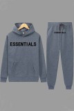 Dark Gray Casual Print Letter Hooded Collar Plus Size Two Pieces