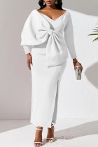 Weiße, lässige, solide Patchwork-Kleider mit Schleife und V-Ausschnitt und langen Ärmeln