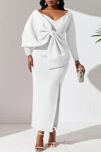 Branco casual sólido patchwork com laço decote em V vestidos de manga comprida