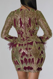Бордовые элегантные платья-юбки с блестками и принтом в стиле пэчворк на молнии с V-образным вырезом