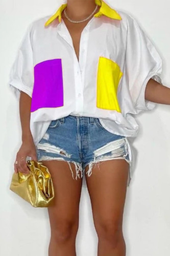 Geel casual kleurblok patchwork zakgesp overhemdkraag tops