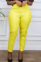 Calça amarela casual sólida básica regular cintura alta convencional de cor sólida