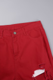 Rote, lässige, einfarbige, zerrissene Skinny-Jeans mit mittlerer Taille und Quasten