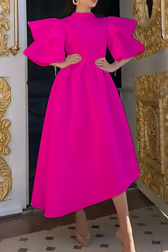 Rose Red Casual Solid Patchwork Half A Turtleneck Irregular Dress Plus Size Dresses