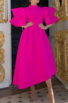 Rosarotes, lässiges, solides Patchwork-Kleid mit halbem Rollkragen und unregelmäßigem Kleid in Übergröße