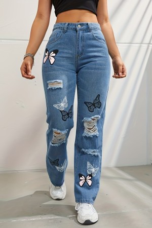 Light Blue Casual Butterfly Print High Waist Regular Distressed Ripped Denim Jeans