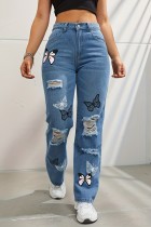 Light Blue Casual Butterfly Print Ripped High Waist Regular Denim Jeans