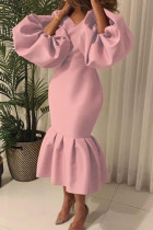 Pink Casual Solid Patchwork V Neck One Step Skirt Plus Size Dresses