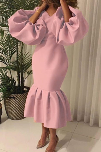 Pink Casual Solid Patchwork V Neck One Step Skirt Plus Size Dresses