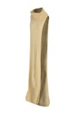 Абрикосовые повседневные однотонные длинные платья с высоким воротником и разрезом (без цепочки на талии)