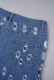 Ljusblå Street Solid urholkad fickknappar Dragkedja Mid midja Skinny jeansshorts