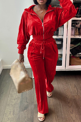 Red Casual Solid Patchwork Zipper Collar Long Sleeve Two Pieces