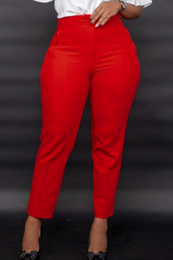 Röd Casual Solid Basic Vanlig hög midja Konventionella enfärgade byxor