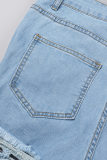 Bleu clair décontracté solide évidé Patchwork poche boutons fermeture éclair taille moyenne jean en Denim régulier