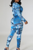 Blauwe straatprint bandage patchwork skinny jumpsuits met V-hals