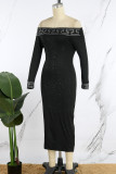 Zwarte casual patchwork pailletten off-shoulder jurken met lange mouwen