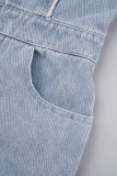 Синие повседневные однотонные облегающие джинсовые комбинезоны без бретелек без рукавов с высокой талией и открытой спиной