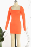 Orange, sexy, lässige, feste Patchwork-Kleider mit quadratischem Kragen und langen Ärmeln