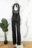 Groene sexy casual effen backless halter skinny jumpsuits