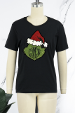 Black Sexy Street Print Santa Claus Patchwork O Neck T-Shirts
