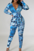 Blaue Skinny-Jumpsuits mit Street-Print und Bandage-Patchwork mit V-Ausschnitt