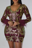 Borgonha elegante estampa lantejoulas patchwork zíper decote em V vestidos saia enrolada