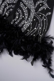 Черный сексуальный сексуальный лоскутный комбинезон с прозрачными перьями и бисером, сетчатый узкий комбинезон с лямкой на шее