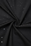 ブラック カジュアル パッチワーク スパンコール オフショルダー ロング スリーブ ドレス