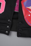 Prendas de abrigo con cuello en O de patchwork con estampado casual negro