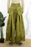 Verde elegante sólido retalhos bolso botões zíper solto meados de cintura cor sólida bottoms