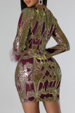 Robes jupe enveloppées bordeaux élégantes à paillettes imprimées patchwork fermeture éclair col en V