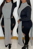 Vestido largo informal con cuello alto y abertura sólida color albaricoque Vestidos (sin cadena en la cintura)