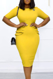 Yellow Casual Solid Patchwork O Neck Pencil Skirt Plus Size Dresses