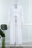 Белые повседневные однотонные лоскутные платья с U-образным вырезом и длинными рукавами