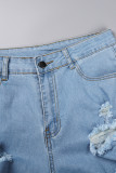 Lichtblauwe casual effen uitgeholde patchworkzak met knopen, ritssluiting, middentaille, normale denim jeans