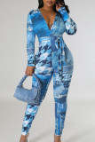Blauwe straatprint bandage patchwork skinny jumpsuits met V-hals
