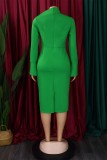 Зеленые повседневные однотонные базовые платья с воротником-стойкой и длинным рукавом