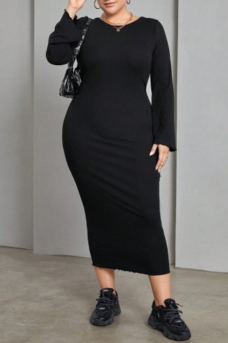 Black Casual Solid Backless O Neck Long Sleeve Plus Size Dresses