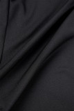 ブラック セクシー ソリッド パッチワーク 小帯 フード付き襟 スキニー ジャンプスーツ (袖付き)