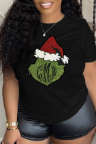 Zwarte sexy straatprint Kerstman patchwork O-hals T-shirts