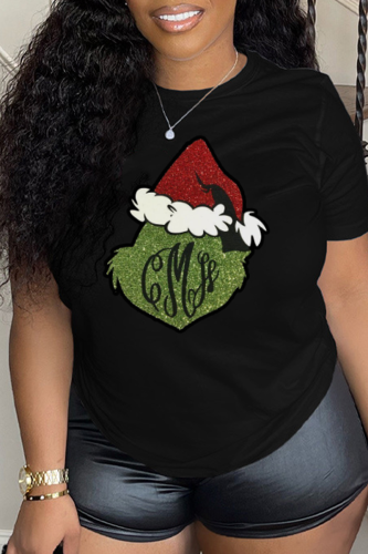 T-shirt nere sexy con stampa stradale di Babbo Natale patchwork o collo