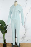 Light Blue Sweet Solid Patchwork Hooded Collar Long Sleeve Two Pieces Hooded Sweater Pants Outfit Cozy Sweatsuits