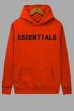 Tangerine Red Casual Print Letter Hooded Collar Plus Size Two Pieces