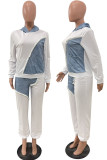 Light Blue Casual Patchwork Contrast Hooded Collar Plus Size Two Pieces