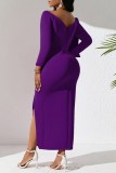 Пурпурные повседневные однотонные лоскутные платья с бантом и V-образным вырезом с длинным рукавом
