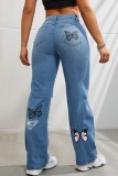 Light Blue Casual Butterfly Print High Waist Regular Distressed Ripped Denim Jeans
